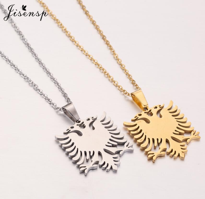 Jisensp Vintage Albania Eagle Pendant Necklaces for Men Women Ethnic Jewelry Double Headed Eagle Stainless Steel Necklaces 2021