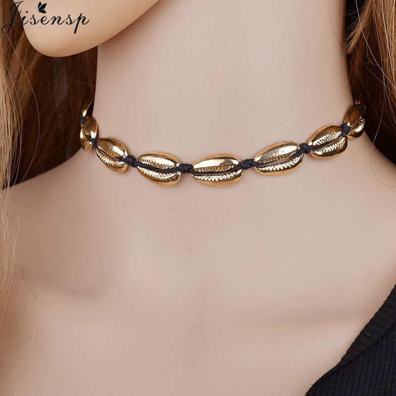 Jisensp Vintage Conch Shell Necklaces Pendants Coin Rope Chain Chokers Necklace Simple Seashell Ocean Beach Jewelry