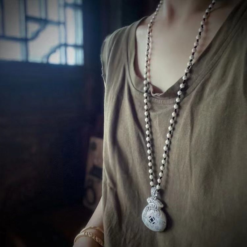 Johnature Tibetan Silver Lucky Bag Fish Tassel 2022 Vintage National Trend Original Handmade Necklace Women Metal Hangings