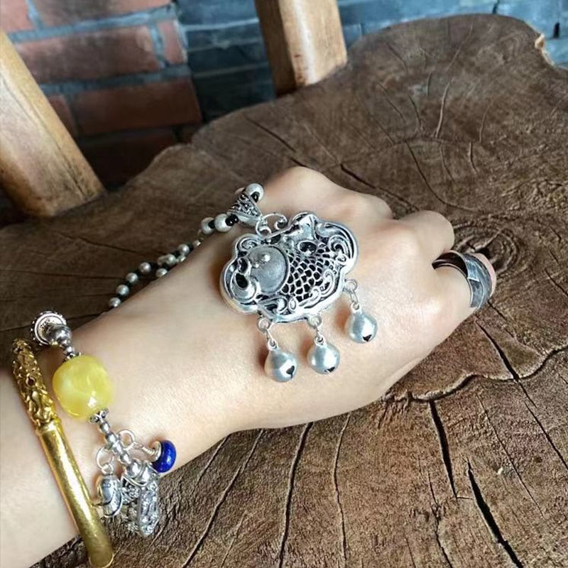 Johnature Tibetan Silver Lucky Bag Fish Tassel 2022 Vintage National Trend Original Handmade Necklace Women Metal Hangings