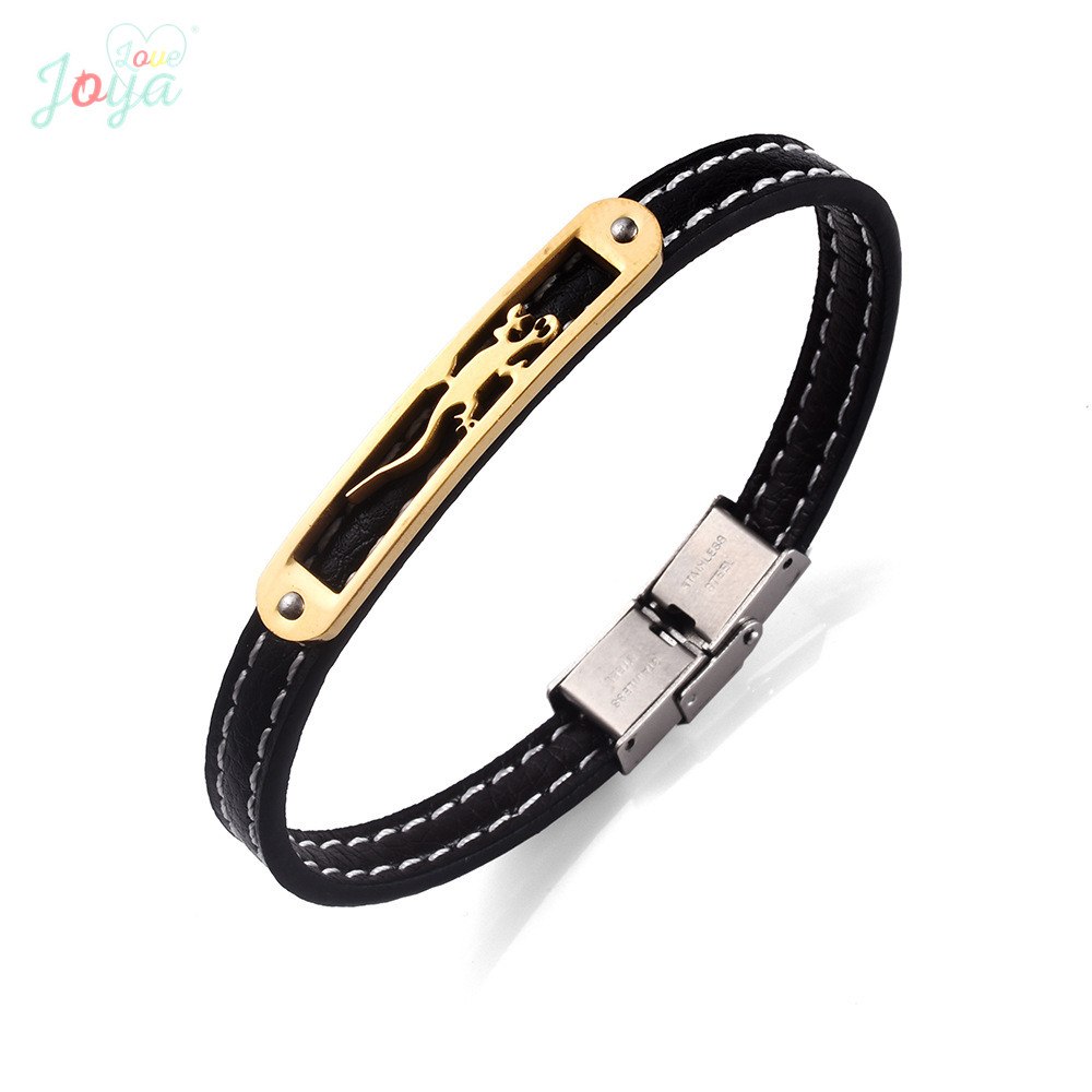 Black Leather Bracelet Men Punk Style Gold/Silver Stainless Steel Magnetic Clasp Gecko Hollowing Jewelry Wholesale