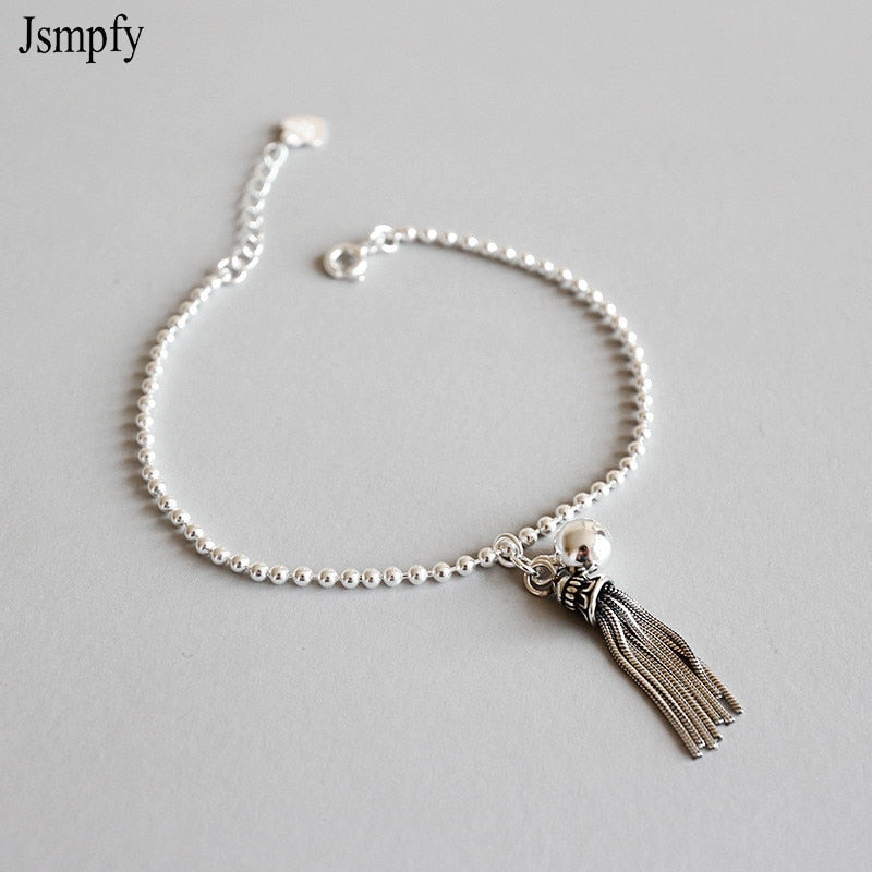 100% 925 Sterling Silver Beads Long Tassel Charms Round Bead Chain Bracelets Women Silver Bracelets Fine Jewelry