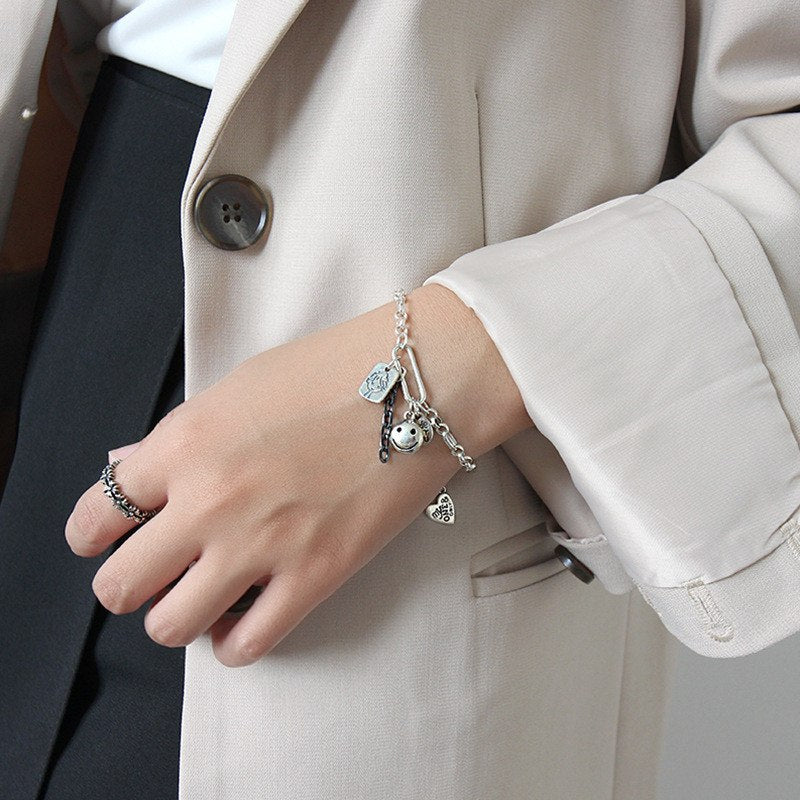925 Sterling Silver Bracelet Vintage Doll Smiling Face English Tag Charm Bracelets For Women pulseras plata de ley 925