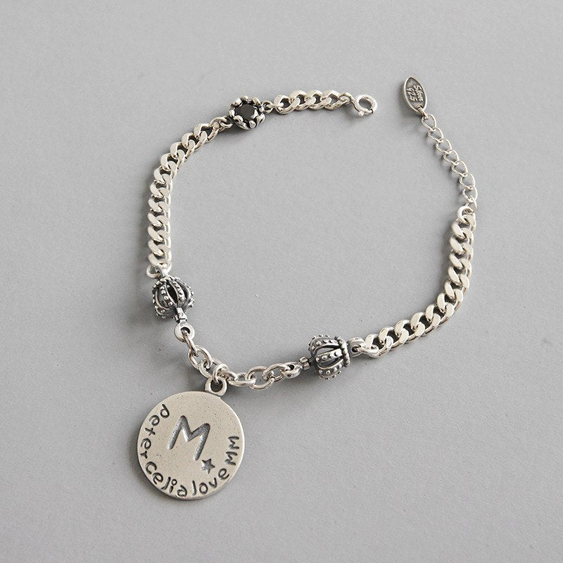 925 Sterling Silver Jewelry Vintage Handmade Chain Crowm Black Zircon Round Plate Charm Bracelets For Women Girl pulseras