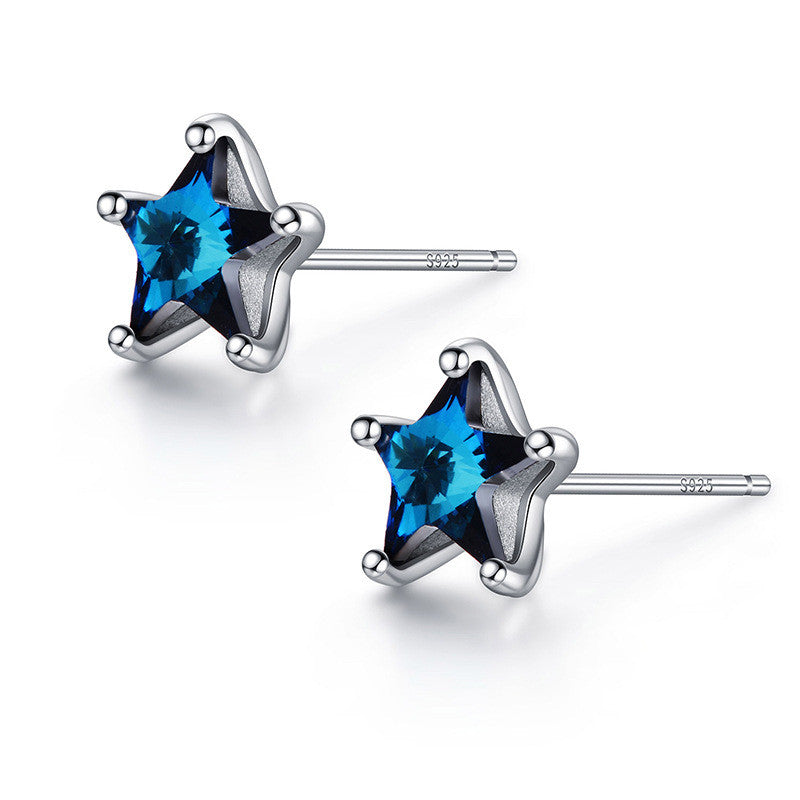 925 Sterling Silver Mini Piercing Earrings For Women Students Blue Crystal Five Star Stud Earring bijoux en argent 925
