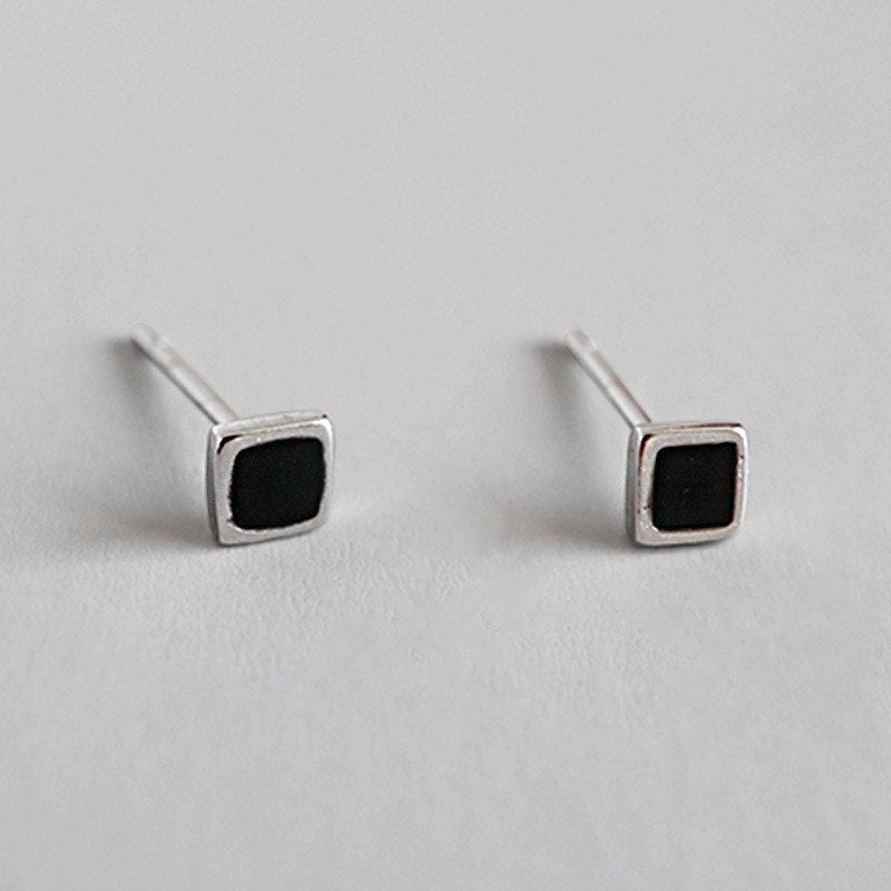 925 Sterling Silver Stud Earrings Pierced Earrings For Women Earring Black Enamel Square Earrings Stud Brincos Party Gift