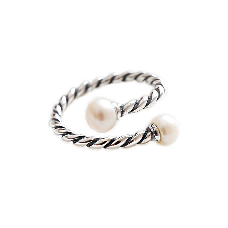 925 Sterling Silver Twist Double Pearl Open Rings For Women Vintage Adjustable Cuff Statement Ring bague