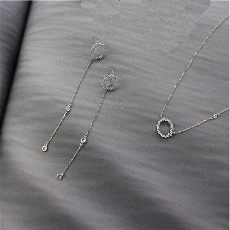 AAA Zircon Choker Necklaces Drop Earrings Jewelry Set 100% 925 Sterling Silver Zircon Hollow Round Circle Necklace Sets