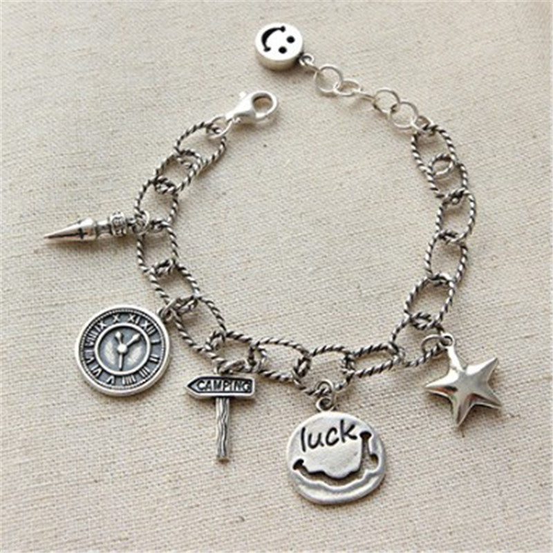 Antique Manual Smile Face Luck Tag Multi Charm Bracelets For Women 100% 925 Sterling Silver Charm Bracelet amber