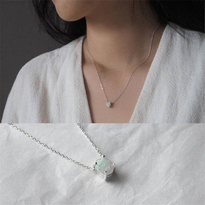New 925 Sterling Silver Luxury Necklaces For Women Fashion Tiny Round Opal Pendant Necklace Gifts Sterling-Silver-Jewelry