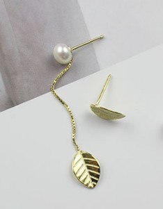 New Chic Style Asymmetric Leaf Pearl Earrings 925 Sterling Silver Long Chain Leaf Dangle Drop Earring For Women Brinco