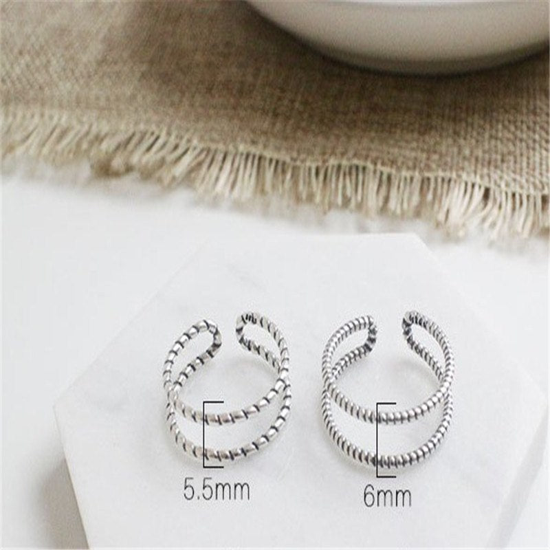 New Vintage Retro Braide Adjustable Cuff Rings For Women Real 925 Sterling Silver Open Size Finger Ring