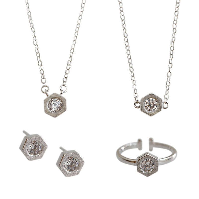 Pure 925 Sterling Silver Jewelry Sets Fashion New Geometric Hexagon Zircon Pendant Necklace Stud Earring Ring Bracelet