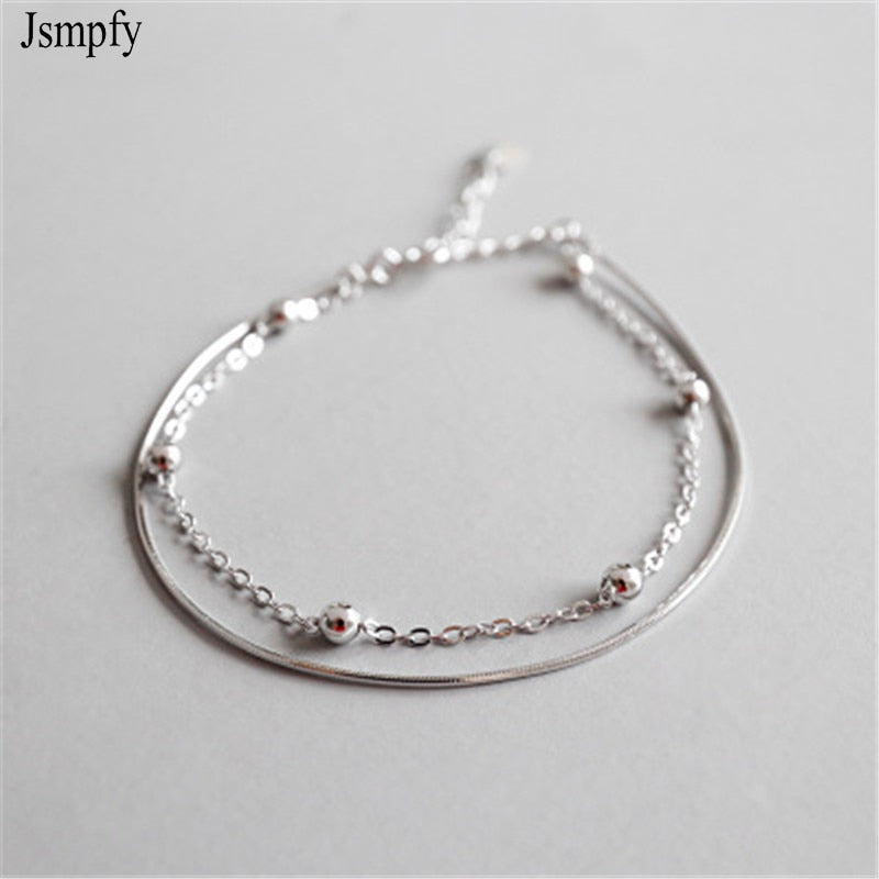 Pure Silver Double Layer Snake & Link Chain Bracelets For Girls Students 925 Sterling Silver Bracelet Pulseira Feminina
