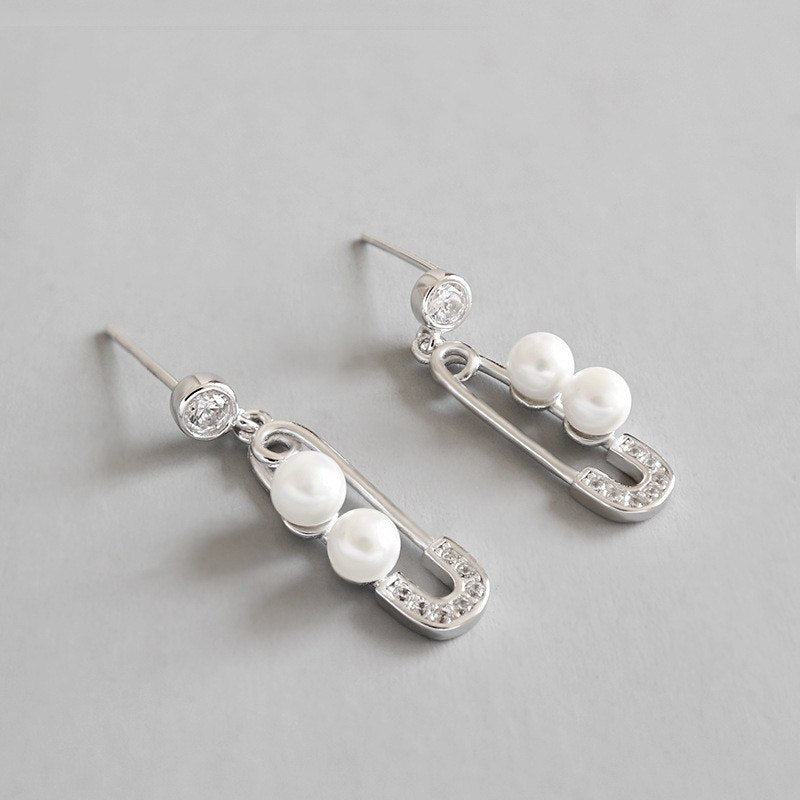 Women Pearl Earrings 925 Sterling Silver Zircon Pins Shape Dangle Earring Wedding Party Gifts Silver 925 Jewelry