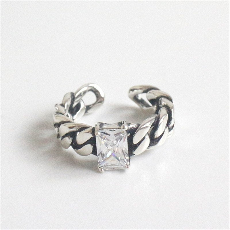 Jsmpfyg Vintage Silver Braided Open Size Rings 100% 925 Sterling Silver Square Black Clear Stone Adjustable Cuff Ring For Women