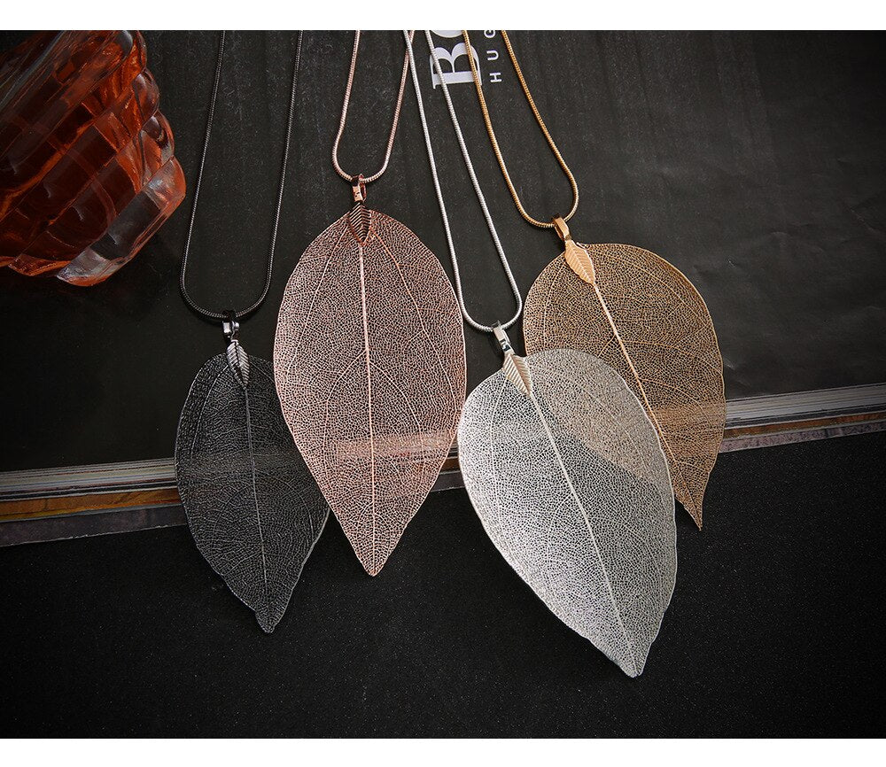 JunKang-Colgante de hoja auténtica natural para mujer, collar largo, jersey con personalidad, cadena, joyería, regalos