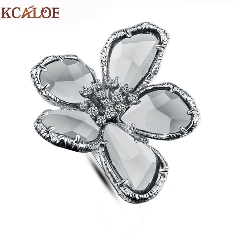 Big Austrian Crystal Flower Wedding Rings For Women Jewelry Bague Femme Silver Color Large Engagement Ring Accessories