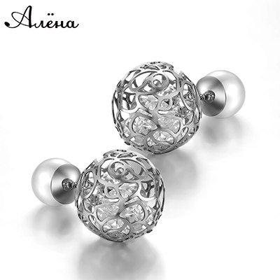 Double Pearl Ball Earrings Big Transparent White Crystal Hollow Flowers Rose Gold Color Two Sided Women Stud Earrings