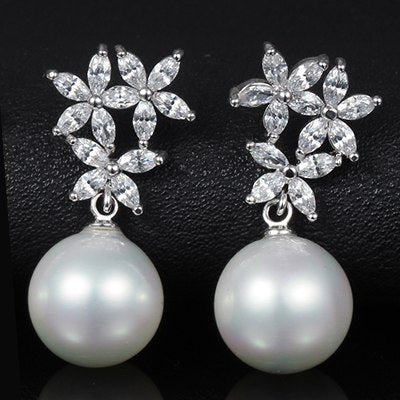 Shell Pearl Crystal Flowers Earrings Luxury Big Star Zircon Wedding Jewelry Silver Color And Rose Gold Stud Earrings