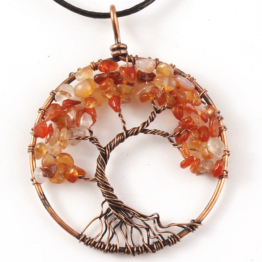 KFT Handmade Red Bronze Wire Wrap Tree of Life Stone Pendant Natural Carnelian Necklace with Black Rope Chain Pendant Jewelry