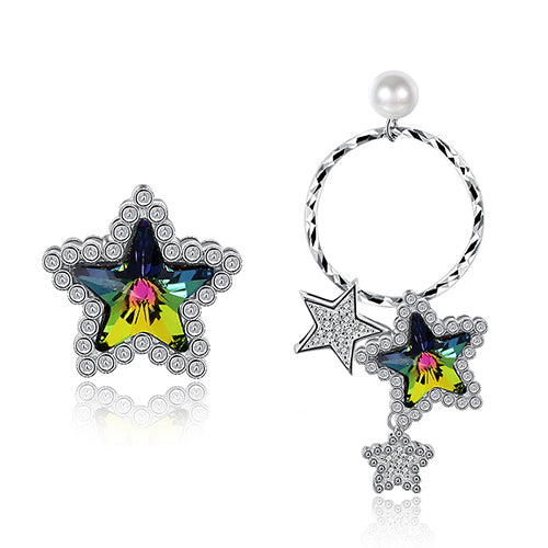 Asymmetry Colorful Star Crystal 925 Sterling Silver Earrings for Women Trendy Party Fine Jewelry