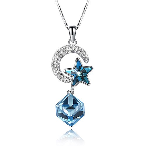 Blue Crystal Star Moon Pendant Necklaces for Women Trendy 925 Sterling Silver Pendant with Chain Fine Jewelry