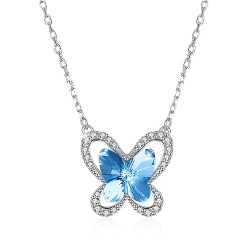 Pink Blue Crystal 925 Sterling Bowknot Pendant Necklaces for Women Trendy Party Fine Jewelry
