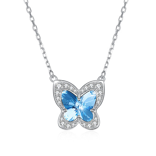 Pink Crytal Real 925 Sterling Silver Pendant Necklaces for Women Butterfly Insect Fine Jewelry