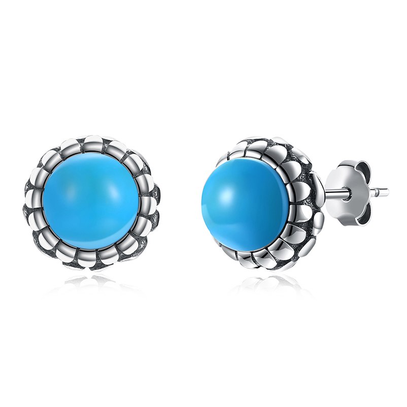 Turquoise Round Flower 925 Sterling Silver Stud Earrings Ear Fine Jewelry For Women Trendy Anniversary Gift HA30G
