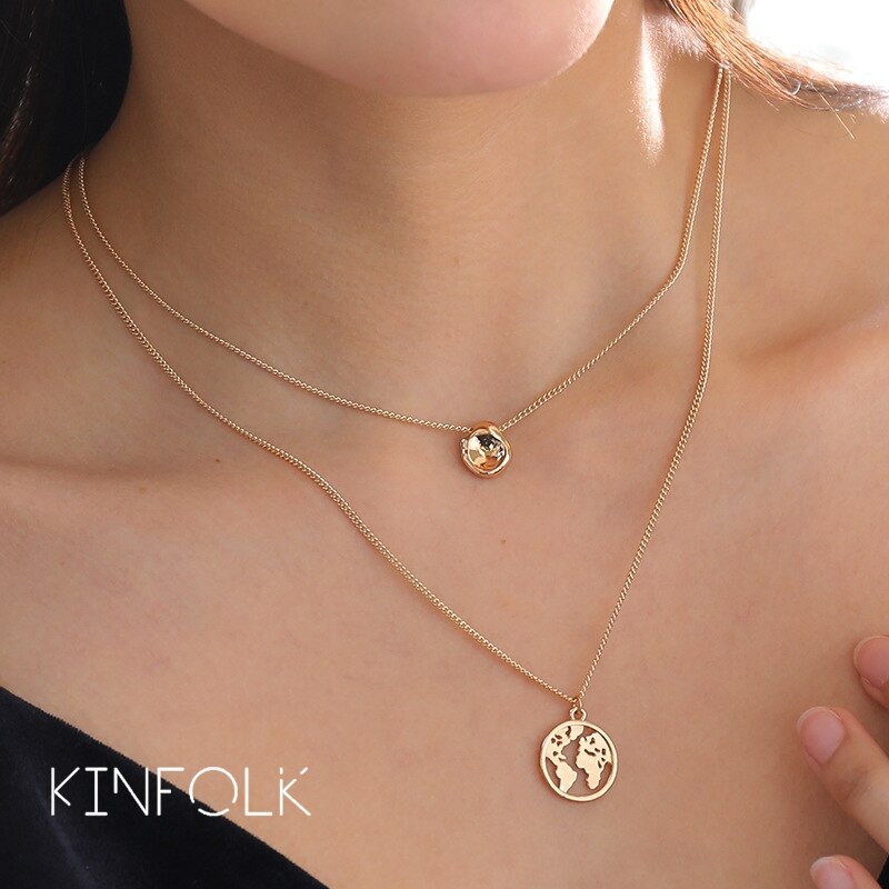 KINFOLK Simple Hollow Globe Earth World Necklace Set  Geometric World Map Pendant Necklace Women 2022 Wanderlust Jewelry