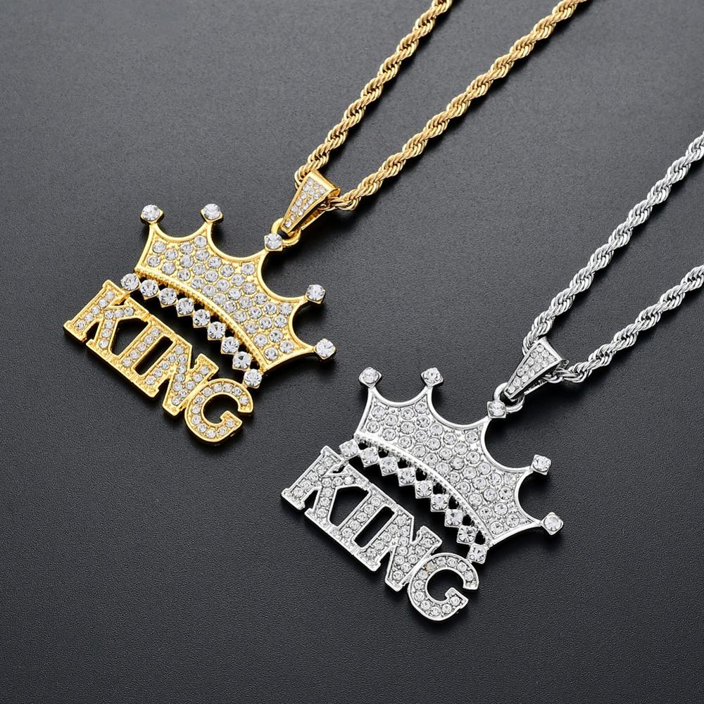 KING Crown Pendant Necklace for Men Punk Letter Necklace for Women Gold Stainless Steel Twist Chain Couple Hip Hop Jewelry Gifts