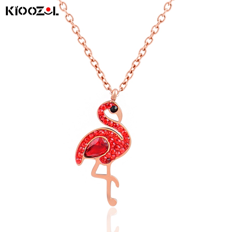 KIOOZOL Red Flamingo Crystal Pendant Rose Gold Stainless Steel Necklace For Women Summer Popular Jewelry 307 KO2