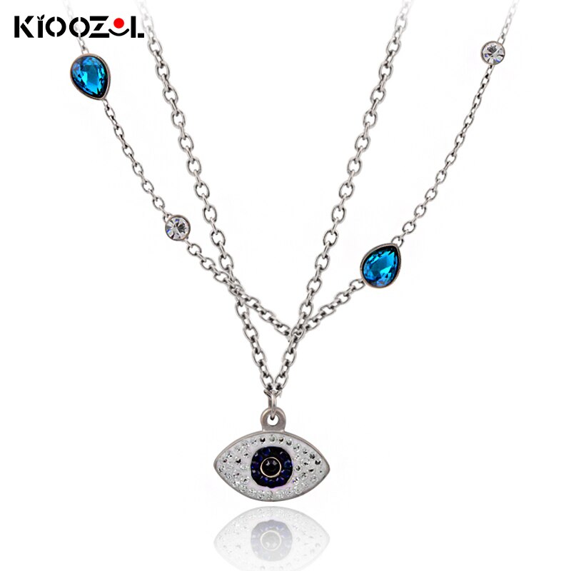 KIOOZOL Lucky Evil Blue Eyes with CZ Teardrop Stainless Steel Double Layers Necklace for Women Jewelry 332 KO2