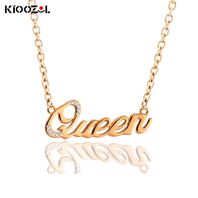 KIOOZOL QUEEN Letter Pendant Micro Inlaid Cubic ZIrconia Rose Gold Silver Color Choker Necklace For Women Beach Jewelry ZD1 KO5