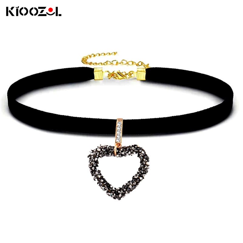 KIOOZOL Sexy Black Leather Hollow Star Rectangle Love Triangle Pendant Crystal Choker Necklace for Women Jewelry 459 KO2