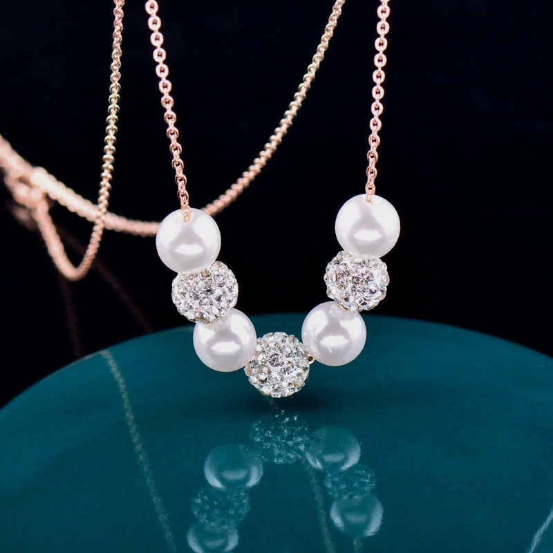 KIOOZOL Vintage White Pearl with Rolling Crystal Ball Rose Gold Silver Color Choker Necklace For Women Jewelry 188 KO5