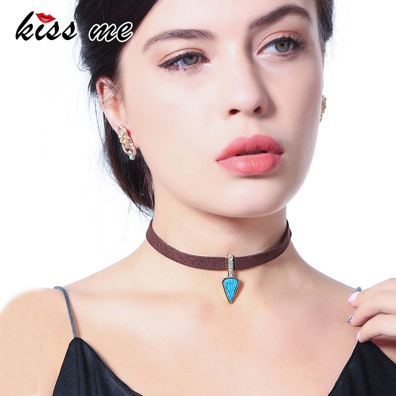 KISS ME Brown Imitation Leather Choker Necklace 2021 Popular Blue Triangle Synthetic Stone Maxi Necklace Vintage Jewelry