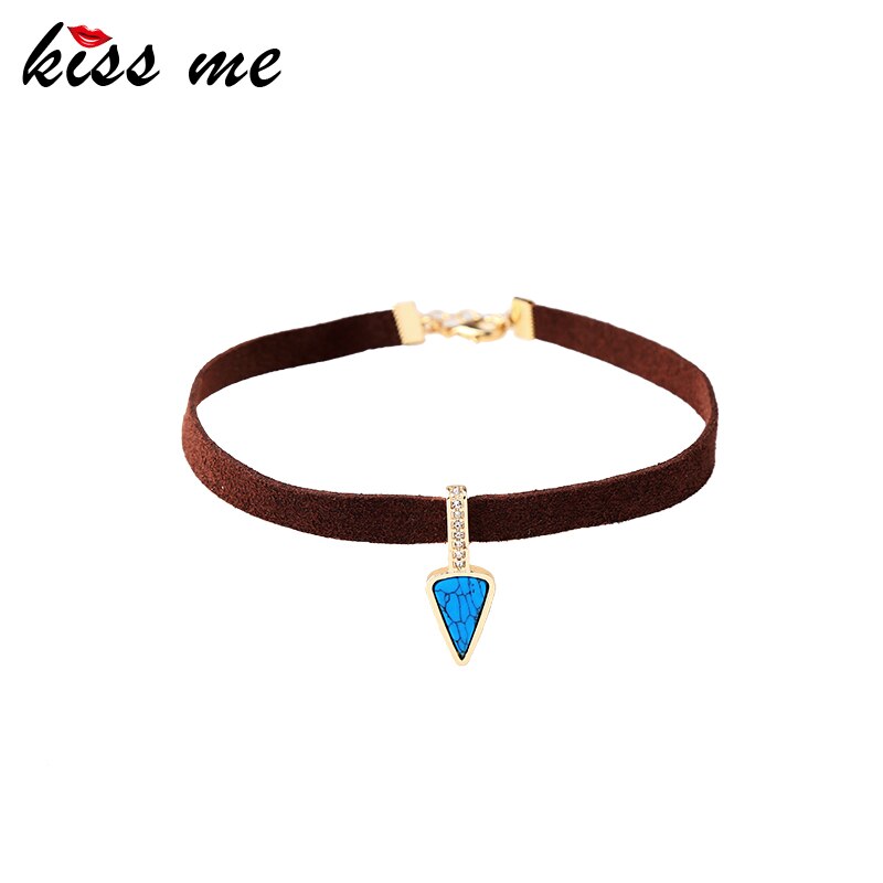 KISS ME Brown Imitation Leather Choker Necklace 2021 Popular Blue Triangle Synthetic Stone Maxi Necklace Vintage Jewelry