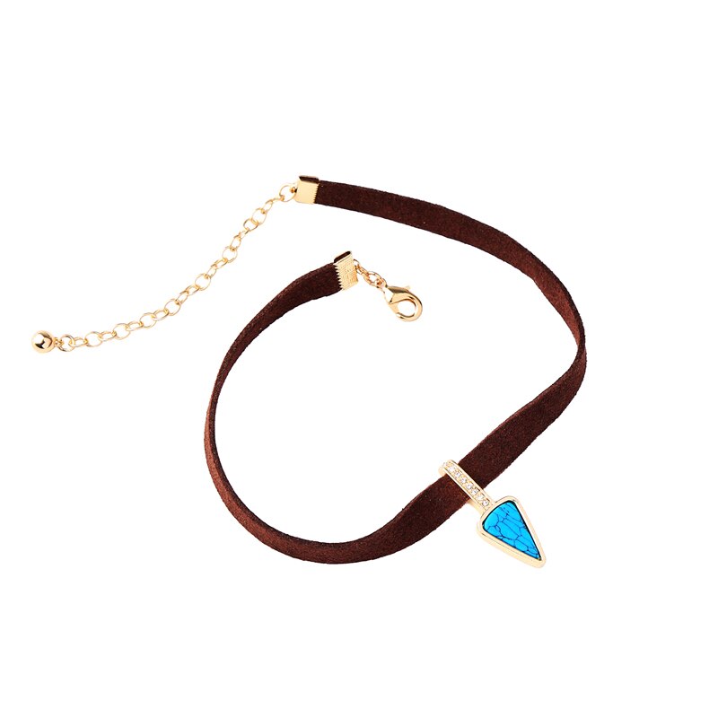 KISS ME Brown Imitation Leather Choker Necklace 2021 Popular Blue Triangle Synthetic Stone Maxi Necklace Vintage Jewelry