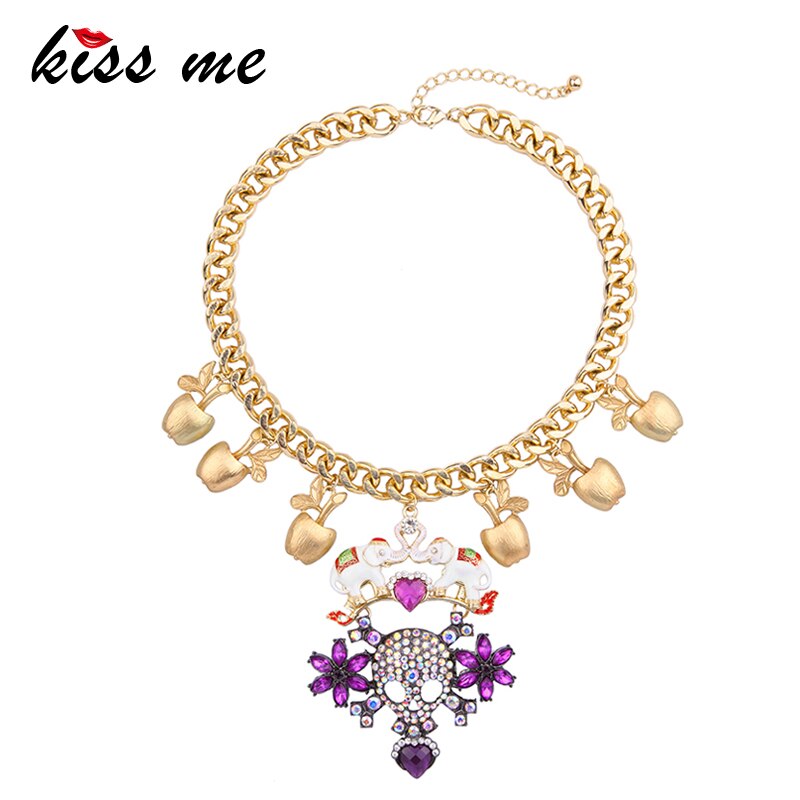 KISS ME Halloween Jewelry Hyperbole Purple Rhinestone Heart Skull Necklace Gold Color Chain Chunky Necklace Statement Jewelry