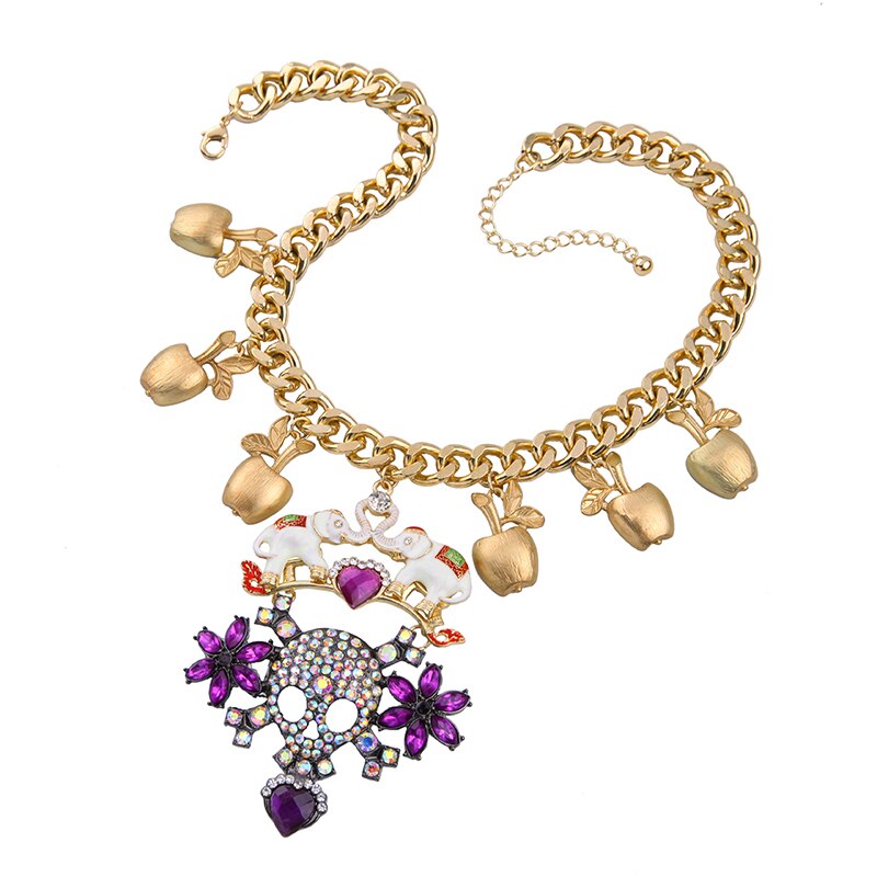 KISS ME Halloween Jewelry Hyperbole Purple Rhinestone Heart Skull Necklace Gold Color Chain Chunky Necklace Statement Jewelry