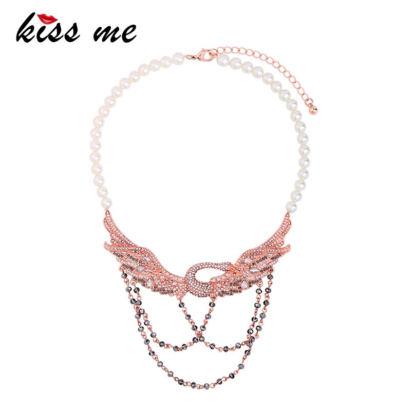 KISS ME  Simulated Pearls Beads Chain Crystal Swan Choker Necklace Women Brand Statement Necklace Jewelry