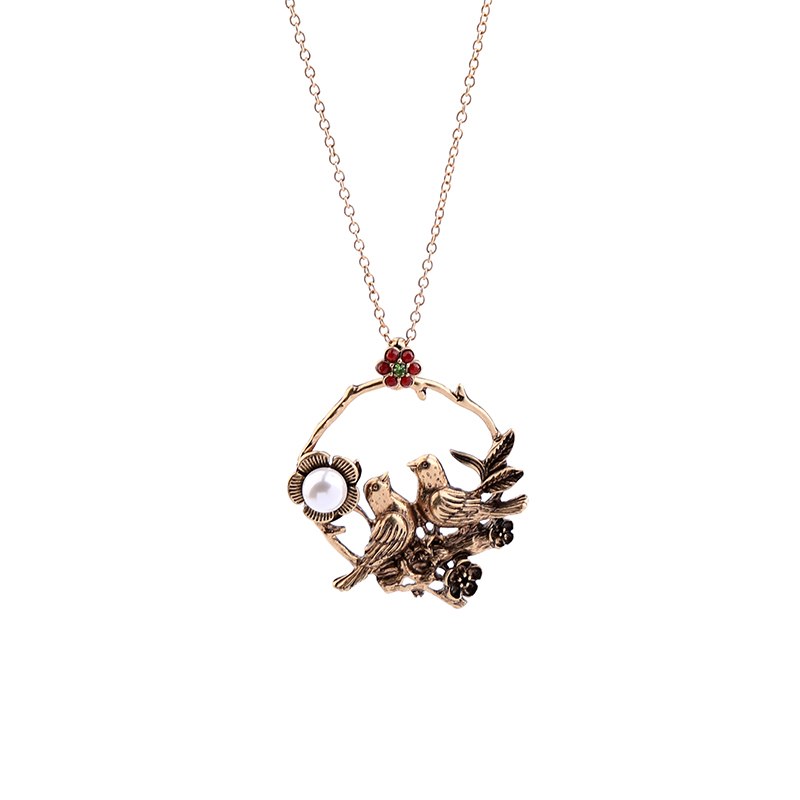 KISS ME Women Long Necklace Antique Gold Color Imitation Pearl Flower Birds Pendant Necklace Vintage Jewelry