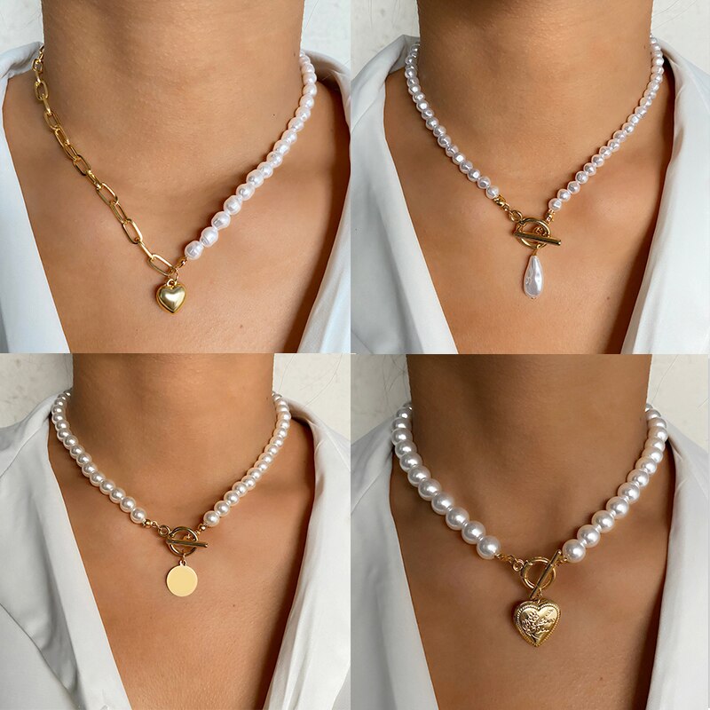 KISS WIFE Vintage Pearl Choker Necklace For Women Summer White Imitation Pearl Necklaces Trend Elegant Wedding Jewelry
