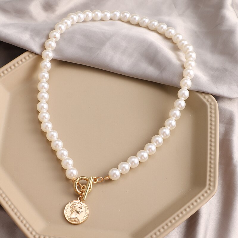 KISS WIFE Vintage Pearl Choker Necklace For Women Summer White Imitation Pearl Necklaces Trend Elegant Wedding Jewelry