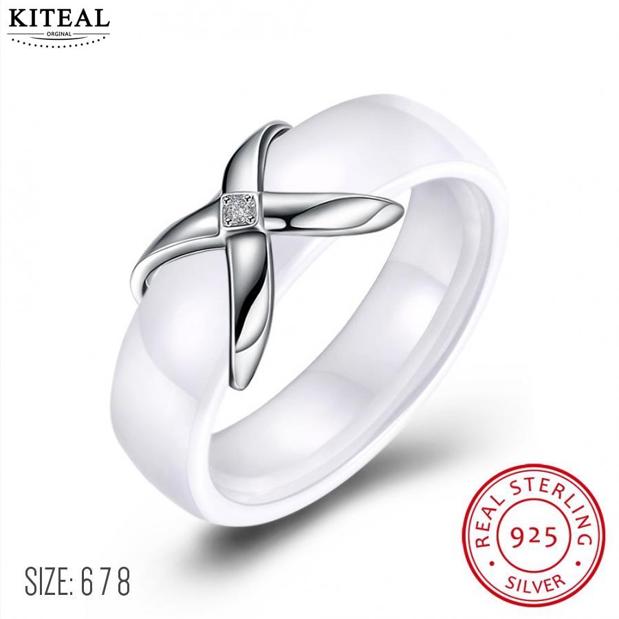 Trendy Real 925 Sterling Silver female engagement ring X cross black/white Ceramic Jewelry accessories 6 7 8 RI103330