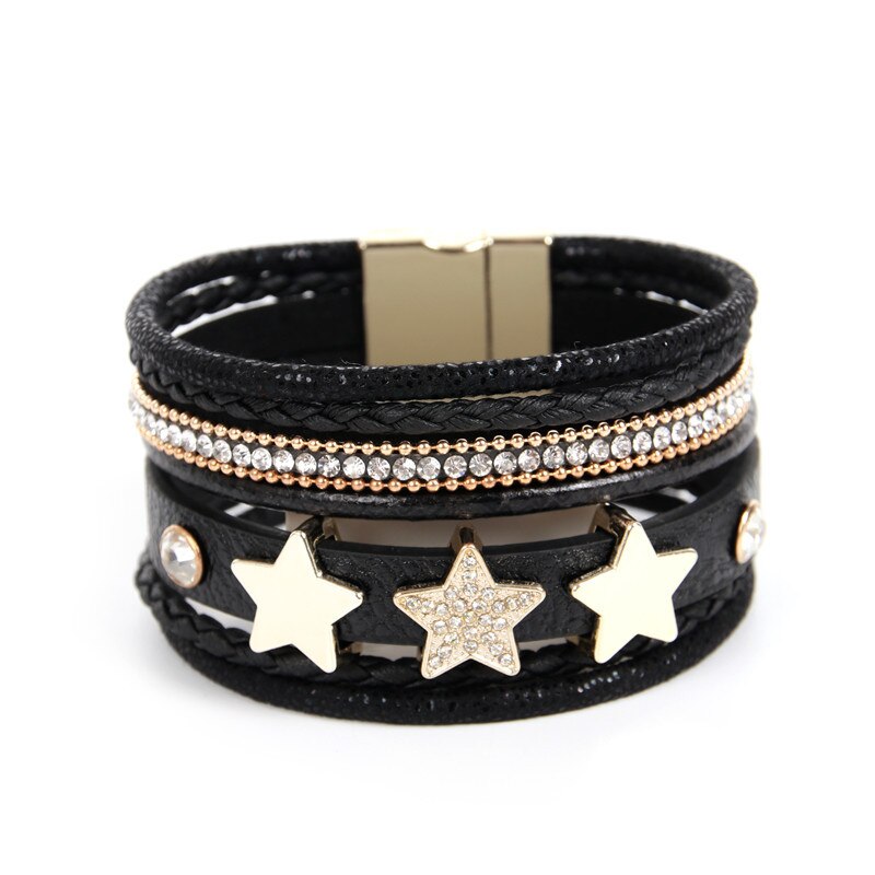 KIirykle  Pentagram Women Bracelet Crystal Charm Bohemian Multilayer Wrap Leather Bracelets &amp; Bangles Femme Jewelry