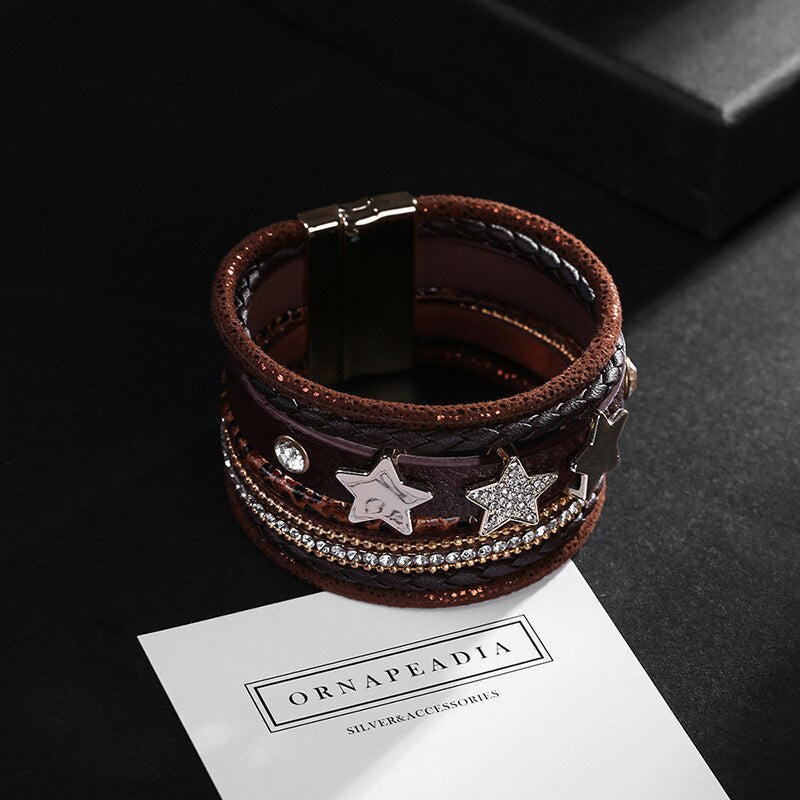 KIirykle  Pentagram Women Bracelet Crystal Charm Bohemian Multilayer Wrap Leather Bracelets &amp; Bangles Femme Jewelry