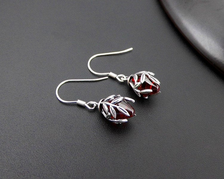 925 Sterling Silver Silver Garnet yellow Agate Earrings Earrings lady flowers drop shaped leaves